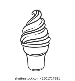 Icono de helado, doodle suave servir sundae en taza de waffle. Divertido boceto retro de helado de vainilla remolino en cono de oblea. Postre del verano para la mascota de los niños, Ilustración vectorial dibujada a mano del icono del helado