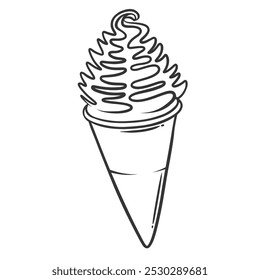 Icono del helado, remolino del helado del doodle en cono del waffle. Divertido boceto retro de torcer yogur congelado o gelato cremoso en corneta de agua. Mascota de la comida dulce del verano, Ilustración vectorial dibujada a mano del icono del helado