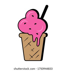 Ice cream icon, flat design, pink beige colors, thick strokes, 3D, isolated element. White background. Vector