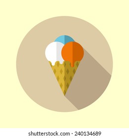 Ice cream icon. Flat design long shadow. Vector illustration.