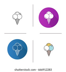 Ice cream icon. Flat design, linear and color styles. Ice cream balls in waffle cone. Isolated vector illustrations