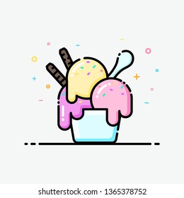 Ice Cream Icon In Flat Line Style. Ice Cream Sundae Cup Pastel Color For Social Media Banner, Summer Poster And App Icon Design.