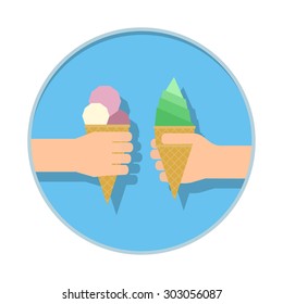 The ice cream icon in flat style. Two elongated arms with ice cream in waffle cones in the blue circle.Green pistachio ice cream.