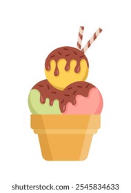 Ícone de sorvete. Bolinhas de sorvete verdes, amarelas e cor-de-rosa. Gelato com cobertura de chocolate. Sobremesa congelada e delicadeza para a estação de verão. Ilustração de vetor plano isolada no plano de fundo branco