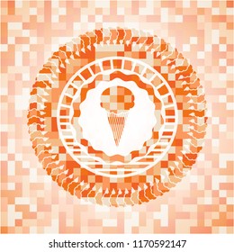 ice cream icon inside abstract emblem, orange mosaic background