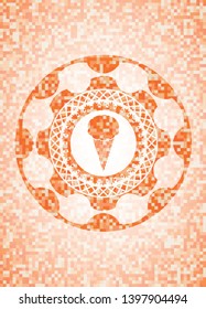 ice cream icon inside abstract emblem, orange mosaic background