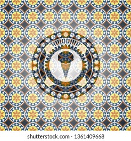 ice cream icon inside arabesque badge background. arabic decoration.