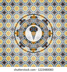 ice cream icon inside arabic badge background. Arabesque decoration.