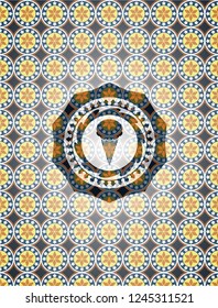 ice cream icon inside arabic style badge. Arabesque decoration.