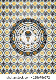 ice cream icon inside arabic emblem background. Arabesque decoration.