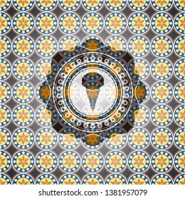 ice cream icon inside arabic style badge. Arabesque decoration.