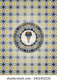 ice cream icon inside arabic style emblem. Arabesque decoration.