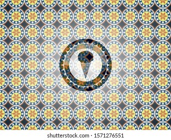 ice cream icon inside arabic badge background. Arabesque decoration.