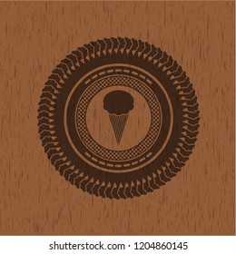 ice cream icon inside badge with wooden background