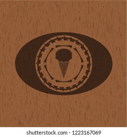 ice cream icon inside badge with wooden background