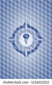 ice cream icon inside blue emblem with geometric background.
