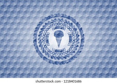 ice cream icon inside blue emblem or badge with abstract geometric pattern background.