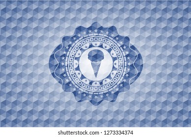 ice cream icon inside blue emblem with geometric pattern background.
