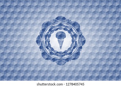 ice cream icon inside blue polygonal emblem.