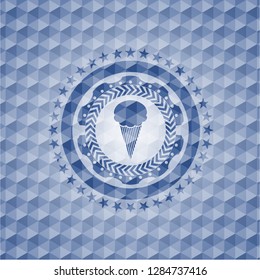 ice cream icon inside blue emblem or badge with abstract geometric polygonal pattern background.