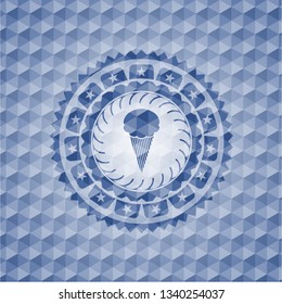 ice cream icon inside blue emblem or badge with abstract geometric polygonal pattern background.