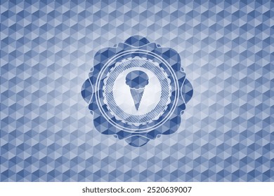 ice cream icon inside blue emblem or badge with abstract geometric pattern background. 