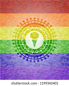 ice cream icon inside emblem on mosaic background with the colors of the LGBT flag