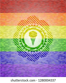 ice cream icon inside emblem on mosaic background with the colors of the LGBT flag