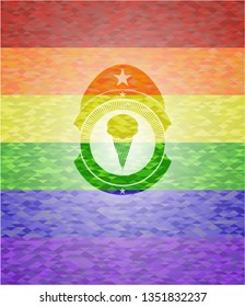 ice cream icon inside emblem on mosaic background with the colors of the LGBT flag