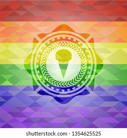 ice cream icon inside emblem on mosaic background with the colors of the LGBT flag