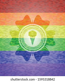 ice cream icon inside emblem on mosaic background with the colors of the LGBT flag