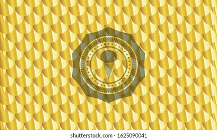 ice cream icon inside golden emblem. Scales pattern. Vector Illustration. Detailed.
