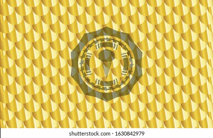 ice cream icon inside golden emblem. Scales pattern. Vector Illustration. Detailed.