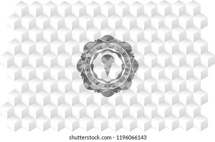ice cream icon inside grey badge with geometric cube white background