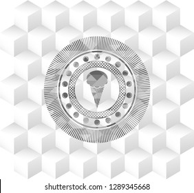 ice cream icon inside grey badge with geometric cube white background