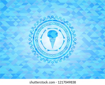ice cream icon inside light blue emblem with mosaic ecological style background