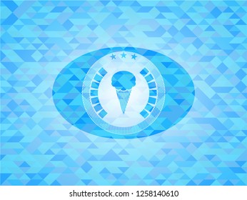 ice cream icon inside light blue emblem with mosaic background