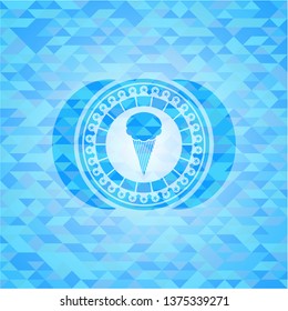 ice cream icon inside light blue emblem with mosaic ecological style background