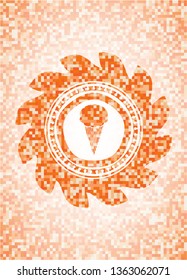 ice cream icon inside orange tile background illustration. Square geometric mosaic seamless pattern with emblem inside.