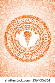ice cream icon inside orange tile background illustration. Square geometric mosaic seamless pattern with emblem inside.