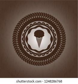 ice cream icon inside realistic wooden emblem