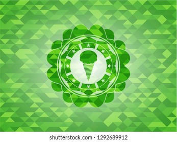 ice cream icon inside realistic green emblem. Mosaic background
