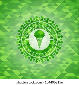 ice cream icon inside realistic green emblem. Mosaic background