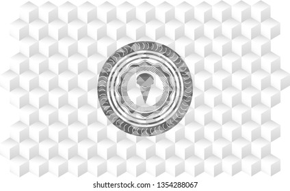 ice cream icon inside realistic grey emblem with geometric cube white background