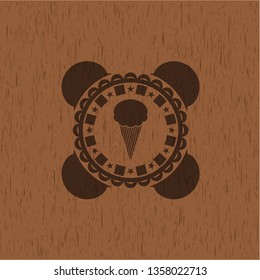 ice cream icon inside realistic wooden emblem