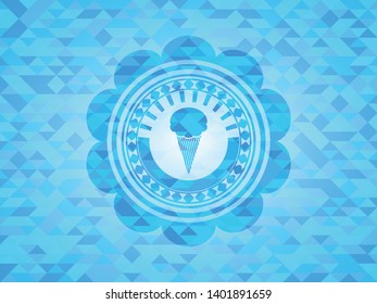 ice cream icon inside realistic light blue emblem. Mosaic background