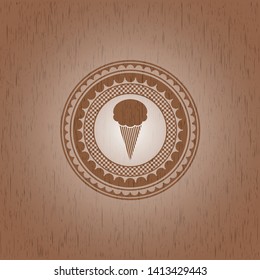 ice cream icon inside realistic wooden emblem