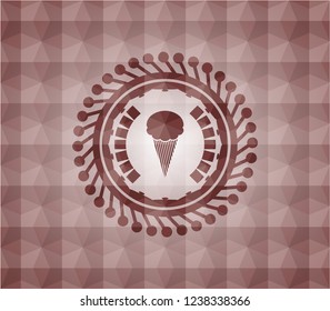 ice cream icon inside red emblem or badge with geometric pattern background. Seamless.