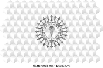 ice cream icon inside retro style grey emblem with geometric cube white background