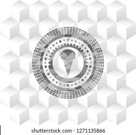 ice cream icon inside retro style grey emblem with geometric cube white background